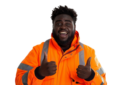Excited warehouse worker in reflective jacket, showing approval, white background