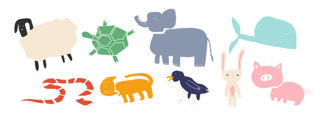 Fototapeta premium Abstract, papercut funny set of animal, simple and cute for kid. Snake, birl, whale, fish, turtle, elephant, cat, kitten, bunny, rabbit, lamb, sheep, pig., creative ideas