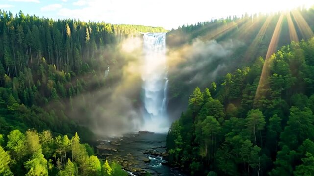 Majestic Waterfall in Lush Mountain Forest at Sunrise Generative AI