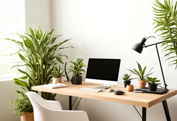 Fototapeta premium A minimalist home office workspace bathed in natural light, featuring a sleek wooden desk adorned with lush green plants and essential tech for a productive and inspiring environment. 2