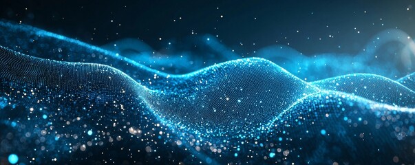 Abstract digital data streams flowing in a dynamic blue wave pattern