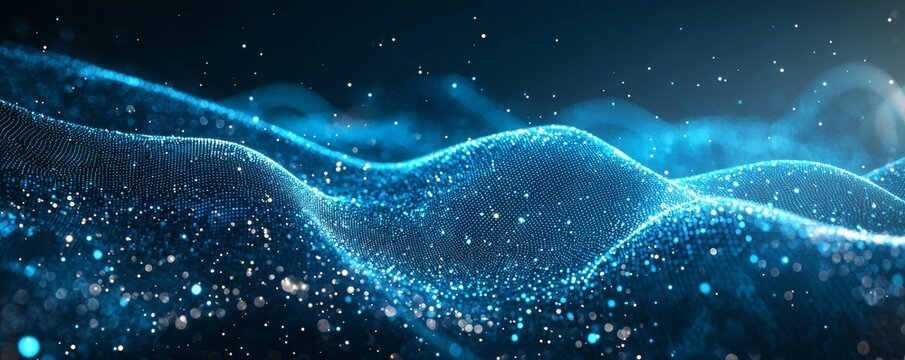 Abstract digital data streams flowing in a dynamic blue wave pattern