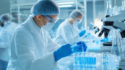 Fototapeta premium Doctors and scientists collaborating in a medical research center, working on innovative treatments and cures, with advanced technology and detailed documentation.