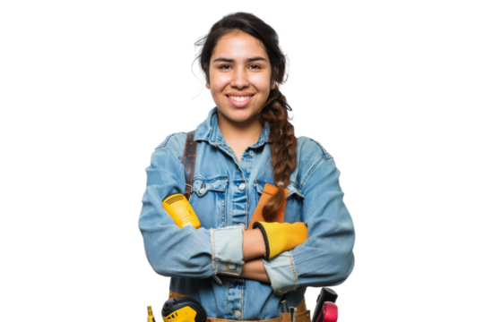 Happy Hispanic female electrician with tool belt Isolated on white background