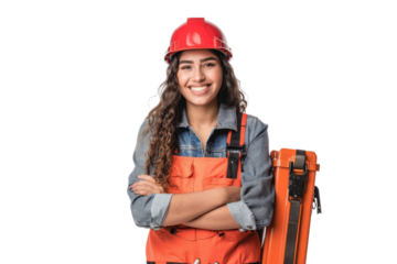 Happy Hispanic female utility worker with toolbox Isolated on white background