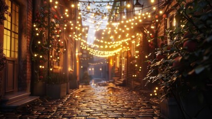 A narrow, cobblestone alleyway is illuminated by warm, glowing lights. Lush greenery and potted plants line the sides, enhancing a cozy atmosphere.