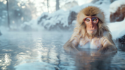 Japanese Macaque Relaxing in Hot Spring Amid Snowy Winter Landscape
