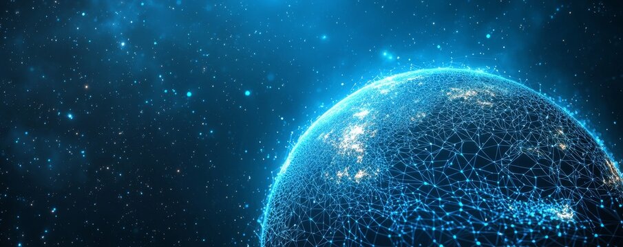 Digital wireframe Earth with glowing network connections and starry background