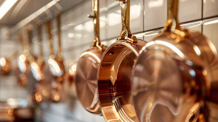 Close-up of a hanging pot rack with shiny copper pots and pans