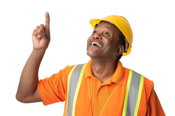 Joyful construction worker pointing upwards, with a friendly smile and wearing a reflective vest, isolated on white background