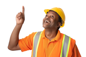 Joyful construction worker pointing upwards, with a friendly smile and wearing a reflective vest, isolated on white background
