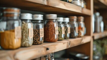 Close-up of a kitchen shelf with neatly arranged spices and jars with intricate labels