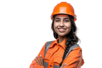 Joyful Hispanic female utility worker in hard hat Isolated on white background