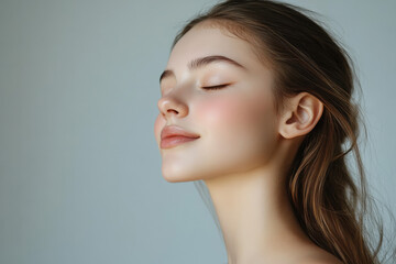 A close up of a girl's face with her eyes closed