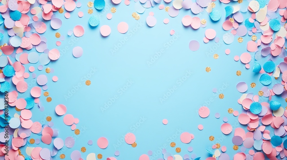 Wall mural frame made of colorful shiny confetti on pastel color background, flat lay copy space background