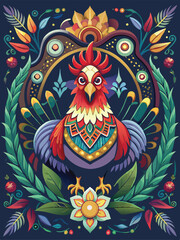 Obraz premium Colorful Rooster with Floral Surroundings