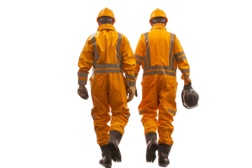 Male workers in protective uniforms and helmets walking Isolated on white background