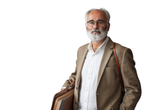 Mature business owner holding a briefcase and looking successful Isolated on white background