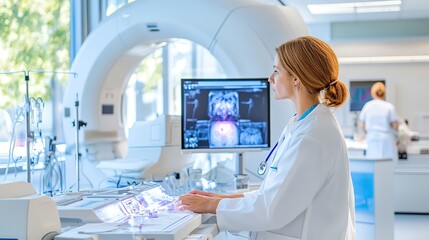 State-of-the-art radiotherapy equipment in a modern cancer treatment center, featuring patients receiving precise, targeted treatments under the supervision of medical professional