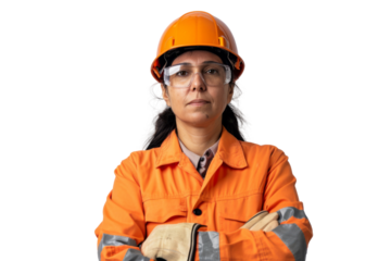 Middle-aged ethnic worker woman in protective uniform and helmet looking at camera isolated on white background -