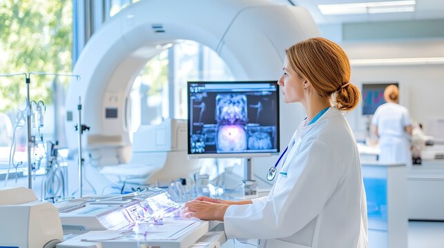 State-of-the-art radiotherapy equipment in a modern cancer treatment center, featuring patients receiving precise, targeted treatments under the supervision of medical professional