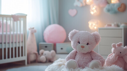 Create a warm and inviting nursery setting with soft pastels, plush toys, a crib, and gentle lighting, providing a comforting and safe environment for baby girls.