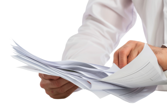 Professional male reviewing contracts at a desk, isolated on white background