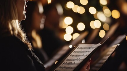 Close-up of choir singing during a Christmas service with sheet music