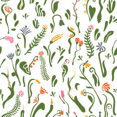 Botanical floral seamless pattern, delicate, fancy light background with wild abstract flowers