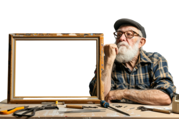 Senior woodworker carefully inspecting a handcrafted picture frame in studio Isolated on white background