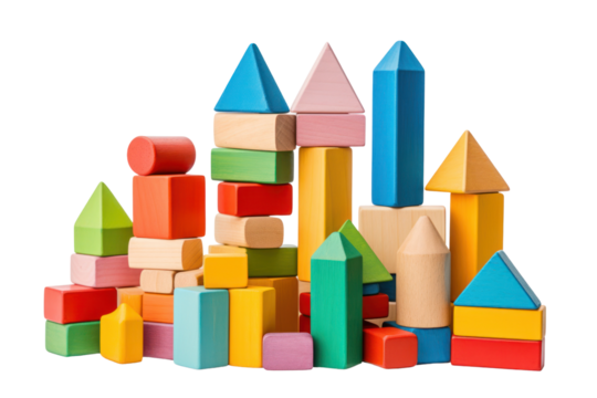 colorful set of wooden building blocks of various shapes and sizes. ,Isolated on white background