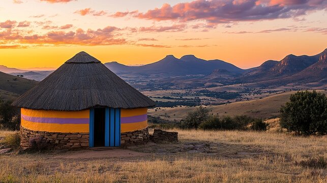 Traditional Ndebele hut at sunset in picturesque South African landscape