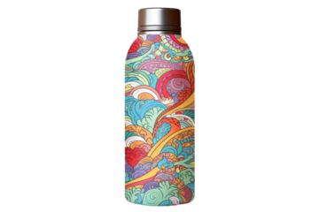colorful reusable water bottle with a fun, playful pattern, isolated on a white background.