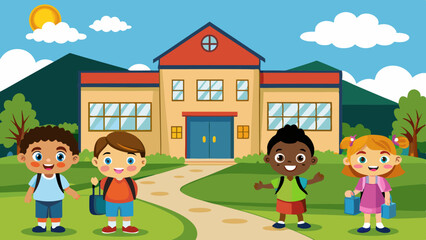 kids outside the school vector illustration