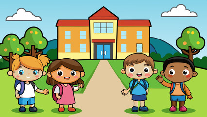 kids outside the school vector illustration