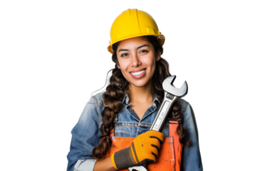 Smiling Hispanic female utility worker holding wrench Isolated on white background