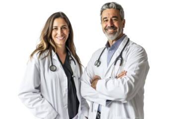 Smiling male and female doctors standing together isolated on white background