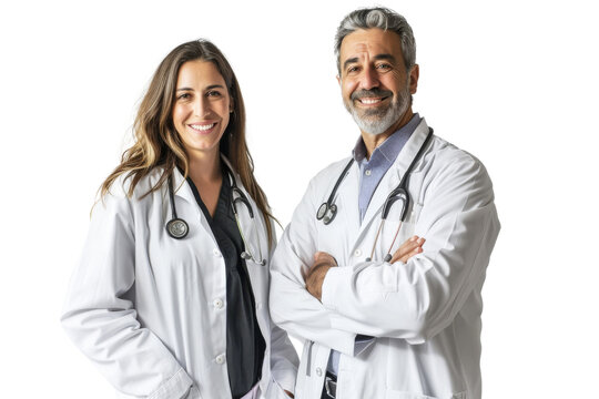 Smiling male and female doctors standing together isolated on white background