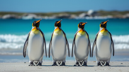 Fototapeta premium Four penguins on a beach