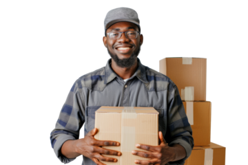 Smiling warehouse employee with boxes, showing positive attitude, white background
