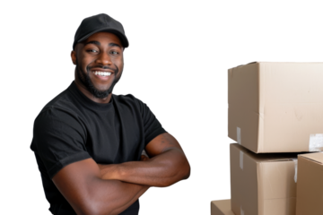 Smiling warehouse employee with boxes, showing positive attitude, white background