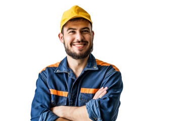 Smiling warehouse employee with boxes, showing positive attitude, white background