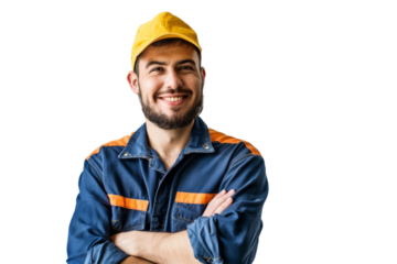 Smiling warehouse employee with boxes, showing positive attitude, white background