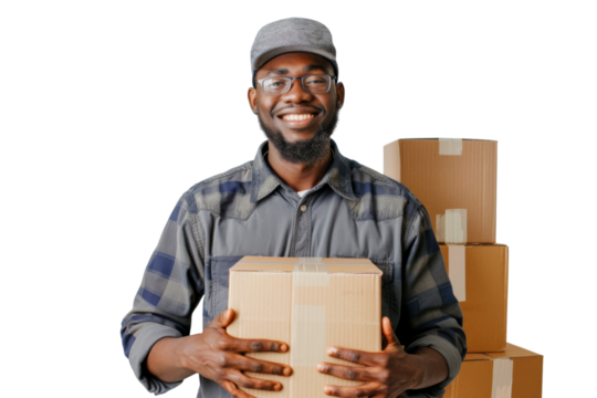 Smiling warehouse employee with boxes, showing positive attitude, white background