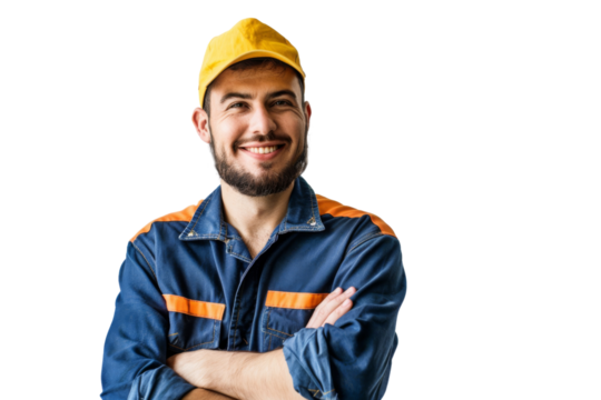 Smiling warehouse employee with boxes, showing positive attitude, white background