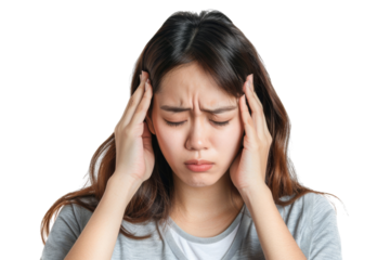 Stressed Asian woman with headache, holding her head with both hands, eyes closed, isolated on white background