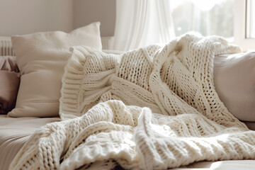 Knitted blanket on a comfortable sofa