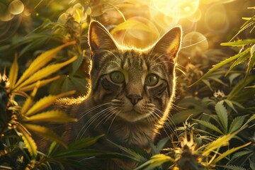 A cat with striking green eyes sits among lush plants, illuminated by warm sunlight, creating a serene and vibrant atmosphere.