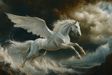 Fototapeta premium Elegant Pegasus with Outstretched Wings Flying Against a Stormy Backdrop, Capturing the Essence of Heroic Legends and Mythical Adventure, ai