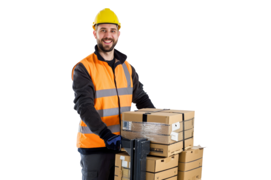 Warehouse employee smiling with pallet jack, positive energy, white background